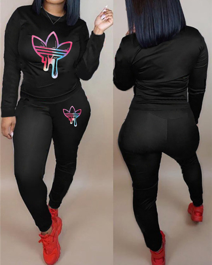 Women Fashion Printed Gradient Sport Long Sleeve Pants Sets Plus Size Two Piece Sets Black Wine Red Rosy Blue S-5XL