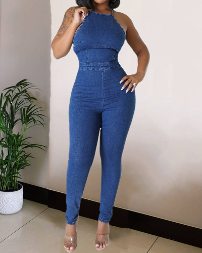 Fashion Women Sleeveless Solid Color Backless Strappy Jean Jumpsuits Royal Blue S-3XL