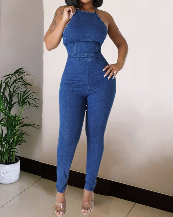 Fashion Women Sleeveless Solid Color Backless Strappy Jean Jumpsuits Royal Blue S-3XL