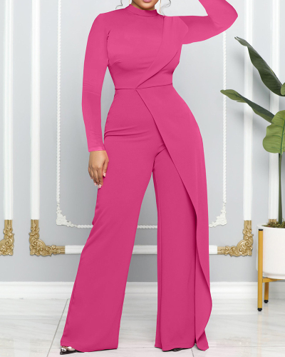 Women Long Sleeve Solid Color O Neck Jumpsuits Green Black Pink Rosy S-2XL