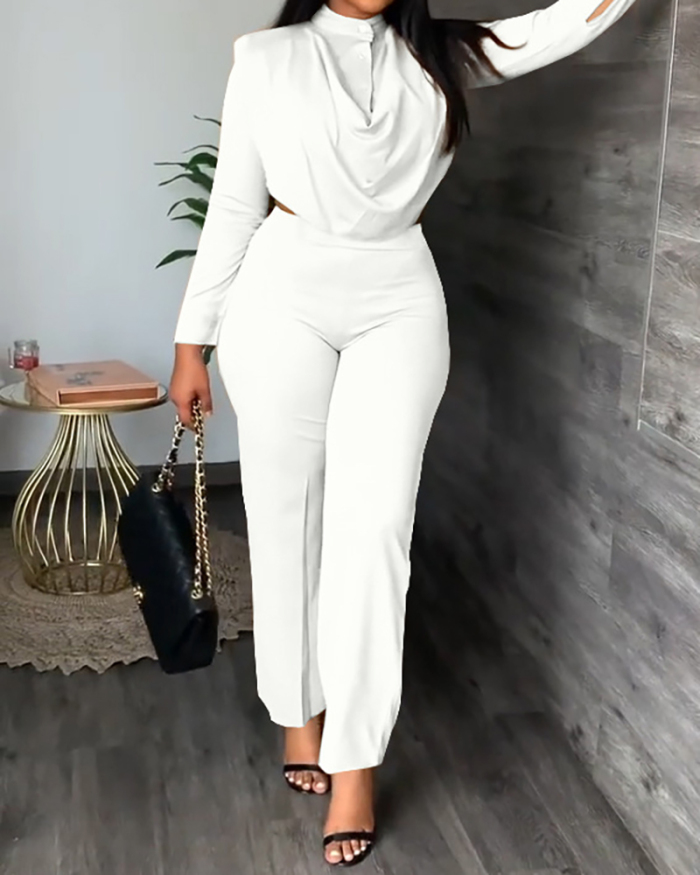 Women Solid Color Long Sleeve  Pants Sets Two Pieces Outfit Khaki Black White S-2XL