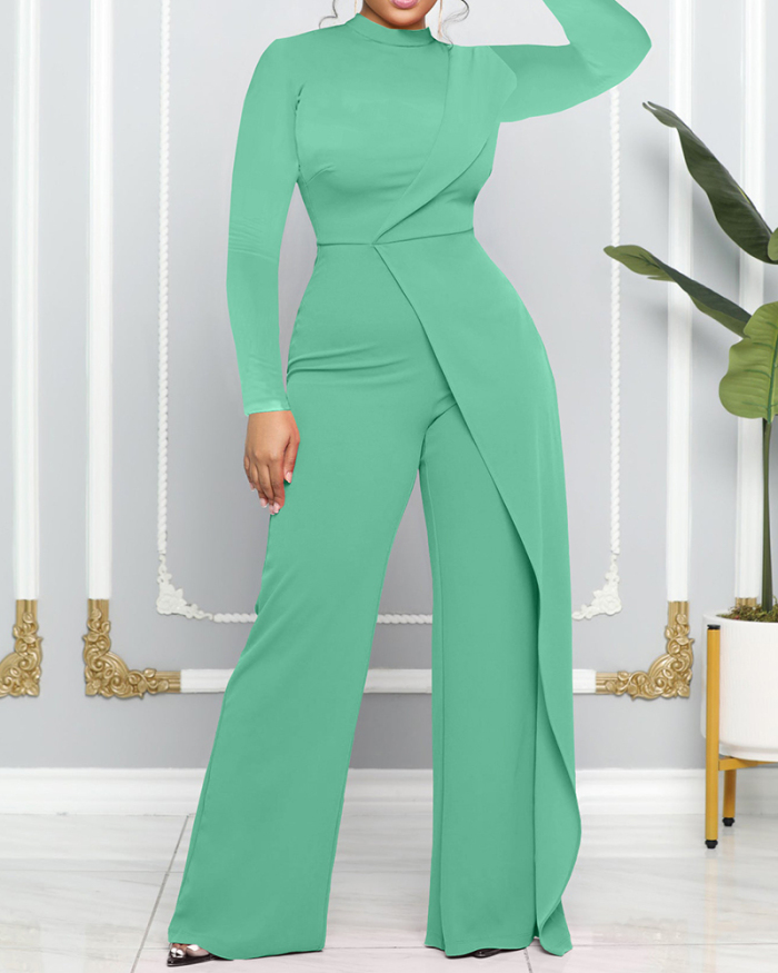 Women Long Sleeve Solid Color O Neck Jumpsuits Green Black Pink Rosy S-2XL