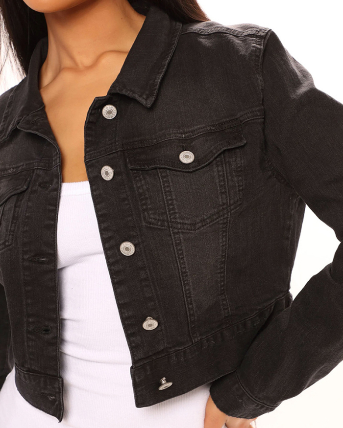 Women Long Sleeve  Turn-down Collar Fashion Fall Jean Coats Black Blue S-XL