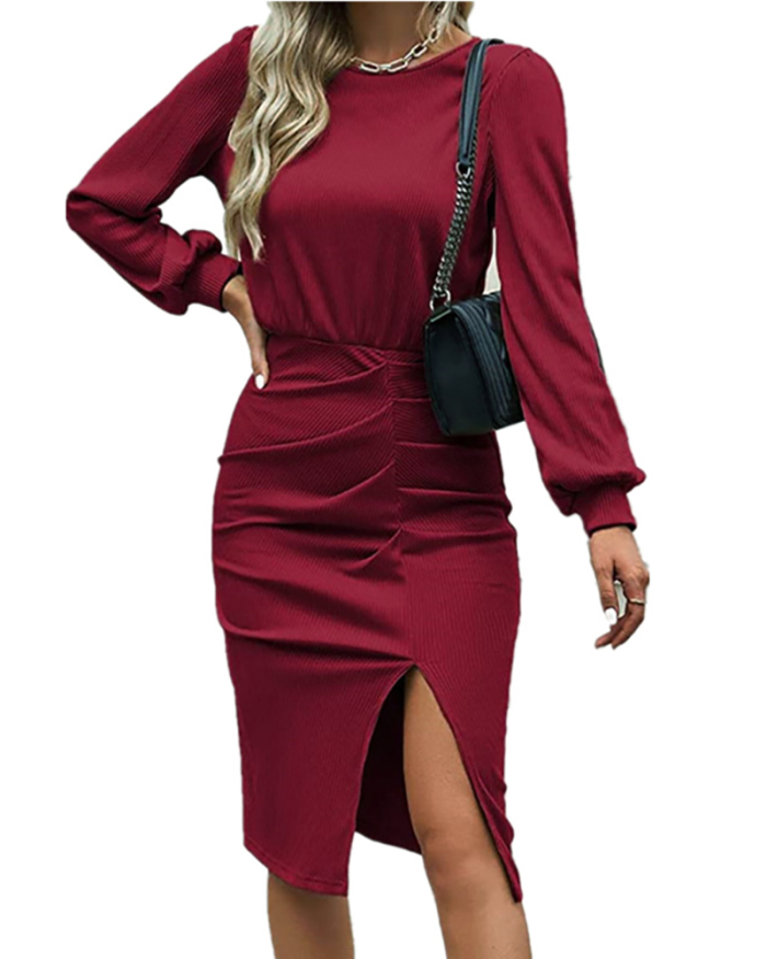 Elegant Women Long Sleeve Side Slit Solid Color  Bodycon Midi Dresses Black Wine Red Blue Deep Brown Apricot Khaki S-2XL