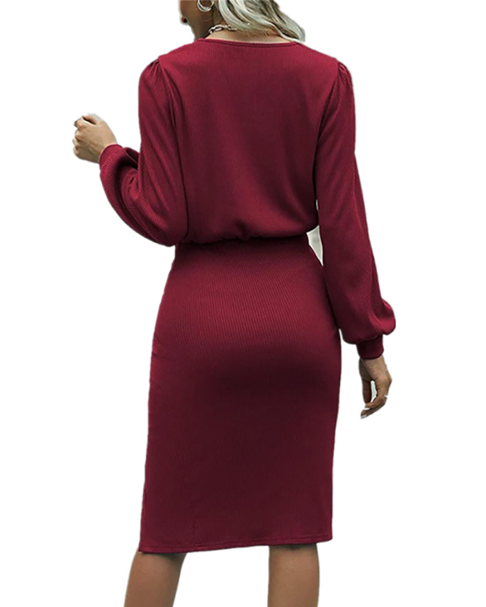 Elegant Women Long Sleeve Side Slit Solid Color  Bodycon Midi Dresses Black Wine Red Blue Deep Brown Apricot Khaki S-2XL