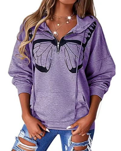 Fashion Butterfly Printed Women Long Sleeve Hoodies Zipper Neck Sweatshirts White Blue Khaki Gray Purple S-3XL