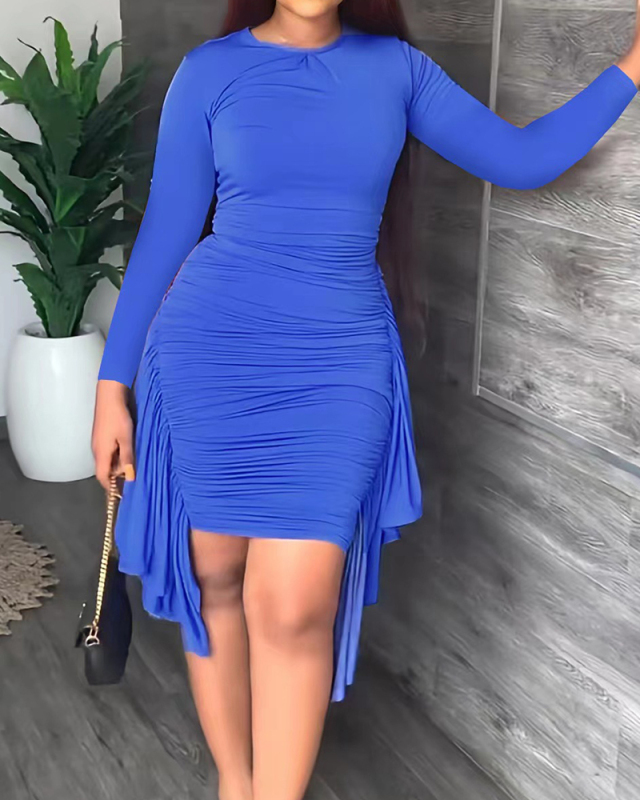 Women Solid Color Long Sleeve Crew Neck Side Tassel Bodycon Mini Dress S-5XL