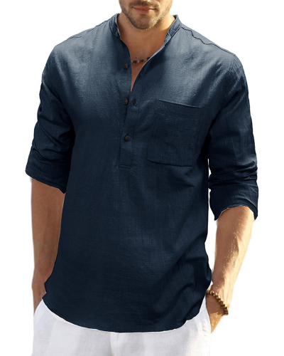 Men's Hot Sale Long Sleeve Pocket Solid Color Linen Shirt S-2XL