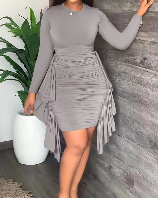 Women Solid Color Long Sleeve Crew Neck Side Tassel Bodycon Mini Dress S-5XL