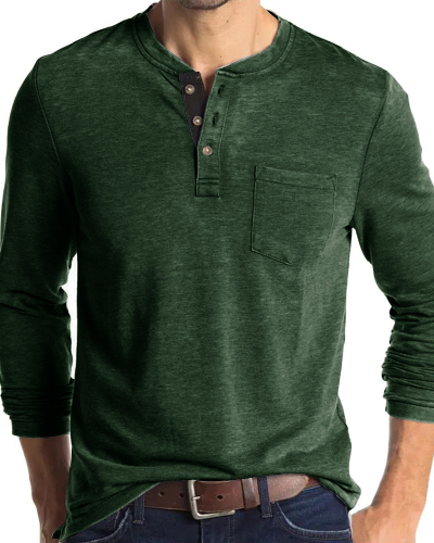 Mens Long Sleeve Button Neck Pocket Solid Color Basic Autumn T-shirt S-2XL