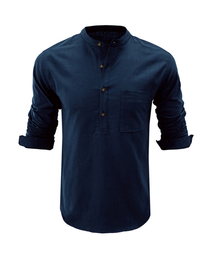 Men's Hot Sale Long Sleeve Pocket Solid Color Linen Shirt S-2XL