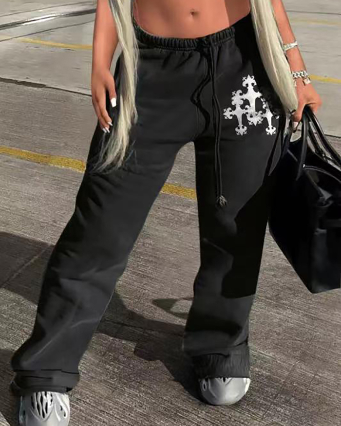 Casual Women Printed Street Hot Sports Pants Deep Gray Black XS-XL