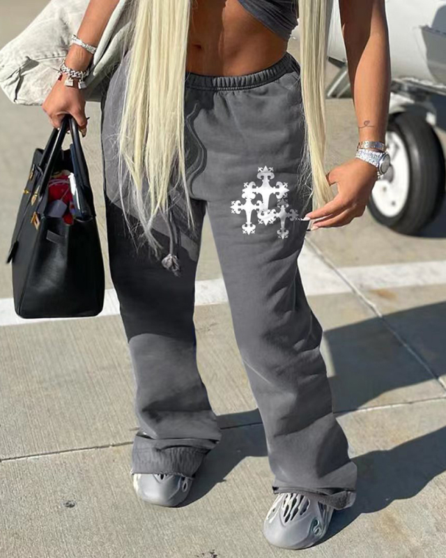 Casual Women Printed Street Hot Sports Pants Deep Gray Black XS-XL