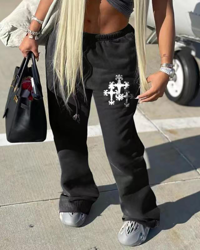 Casual Women Printed Street Hot Sports Pants Deep Gray Black XS-XL