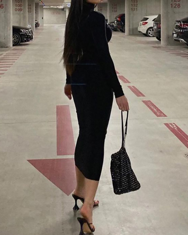 Black Long Sleeve Women Fashion Autumn Dress S-L