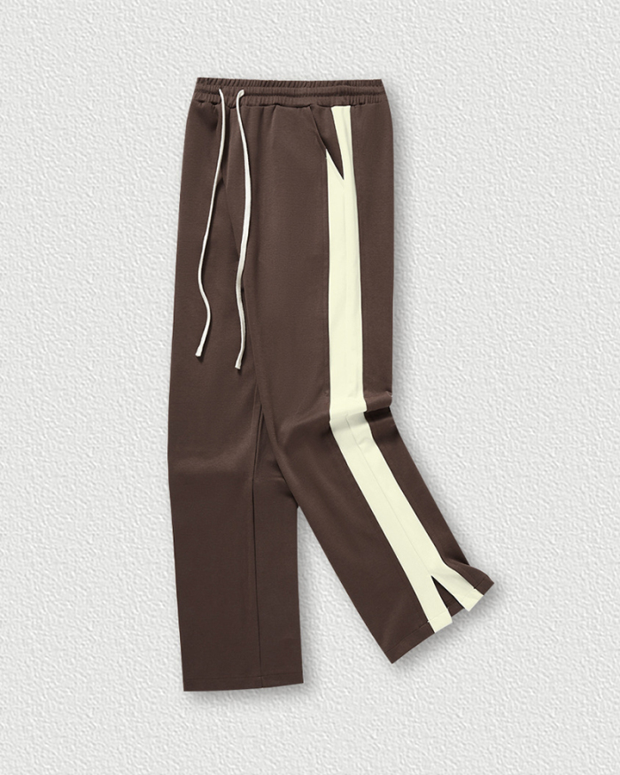 Men's Colorblock Casual Wide Leg Side Slit Pants Black Deep Gray Blue Coffee S-2XL