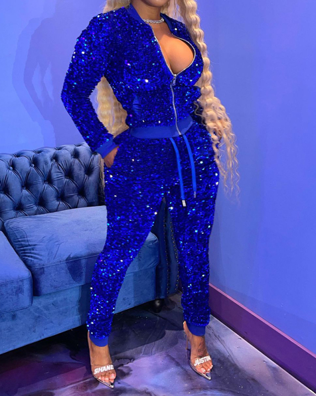 Women Fashion Sequin Shining Patchwork Long Sleeve Coat Pants Sets Two Piece Sets Black Blue White Red Coffee S-2XL