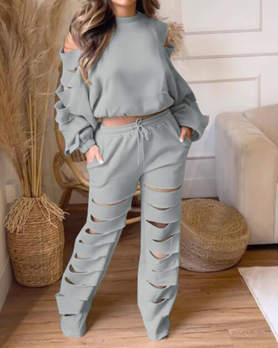 Women Long Sleeve Solid Color Hollow Out Fashion Pants Sets Two Pieces Outfit S-2XL