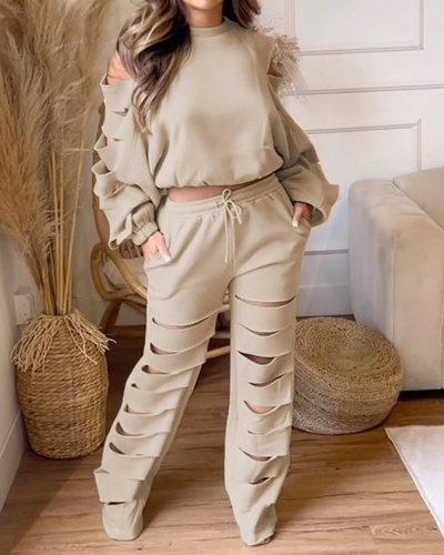 Women Long Sleeve Solid Color Hollow Out Fashion Pants Sets Two Pieces Outfit S-2XL