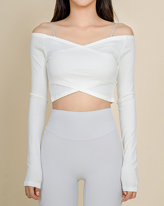 Women Wrap Solid Color Long Sleeve Off Shoulder Yoga Short T-shirt S-XL