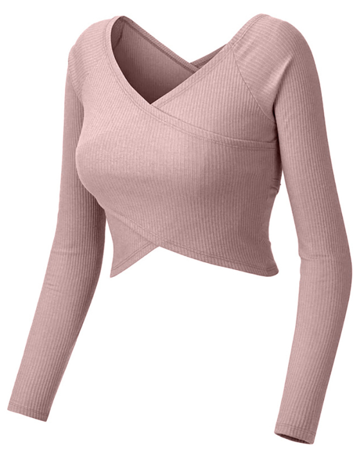 Women Wrap Solid Color Long Sleeve Off Shoulder Yoga Short T-shirt S-XL