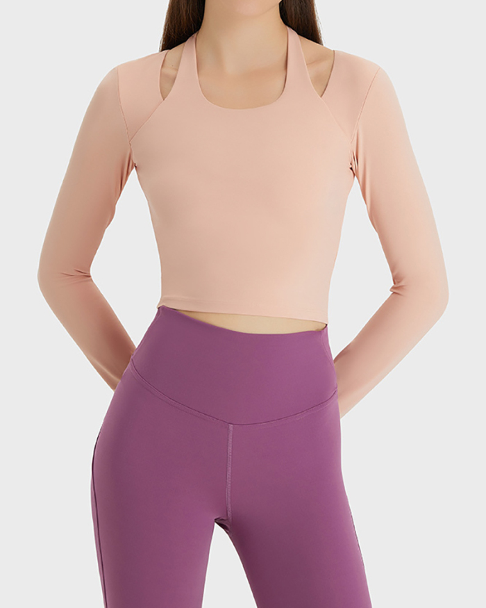 Solid Color Slim Long Sleeve Halter Neck Women Sports Yoga Crop Top Black Pink White Red 4-12