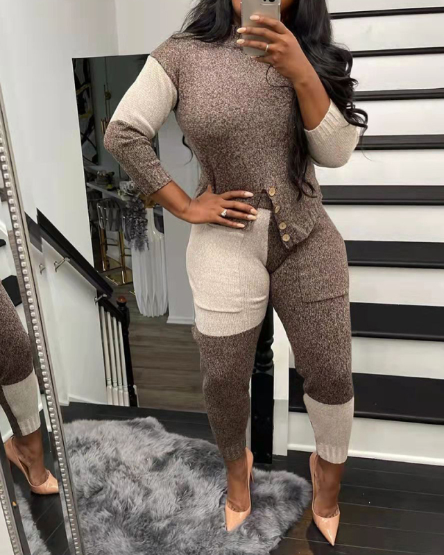 Women Colorblock Long Sleeve Casual Fashion Sweater Pants Sets Two Pieces Outfit Black Coffee Wine Red S-2XL