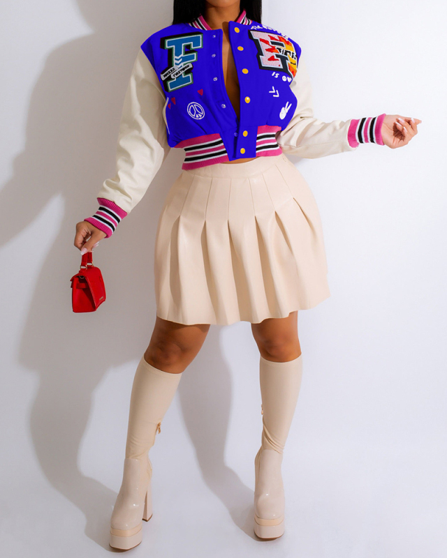 Women Fashion Printed Long Sleeve Baseball Jacket Coats Black Red Blue S-3XL