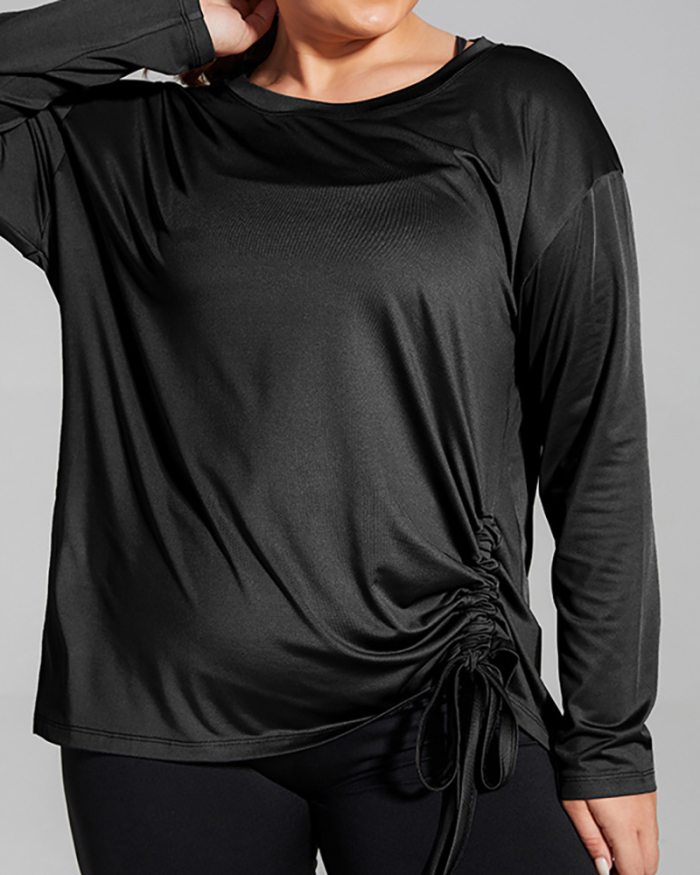 Solid Color Women Long Sleeve Side Drawstring Plus Size Sports Top T-shirt Black Blue Purple Yellow XL-4XL