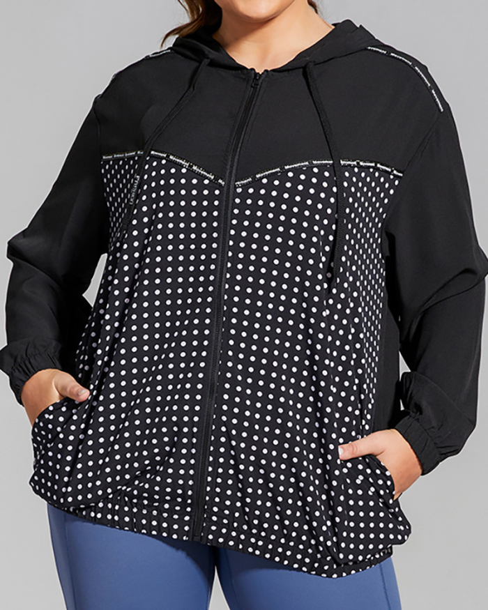 Women Dot Print Quick-Dry Long Sleeve Sports Coat Plus Size Yoga Black L-4XL