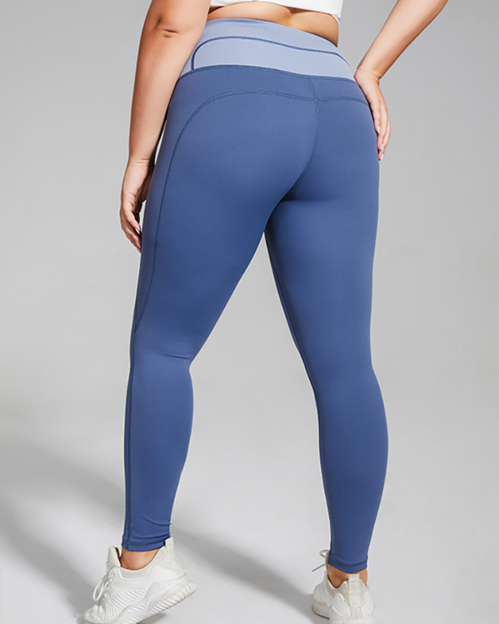 Women Colorblock High Waist Running Plus Size Yoga Legging Deep Blue Light Coffee Light Gray XL-4XL