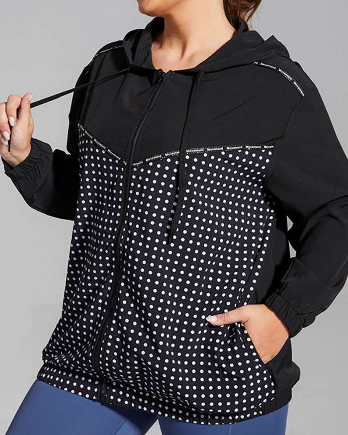 Women Dot Print Quick-Dry Long Sleeve Sports Coat Plus Size Yoga Black L-4XL