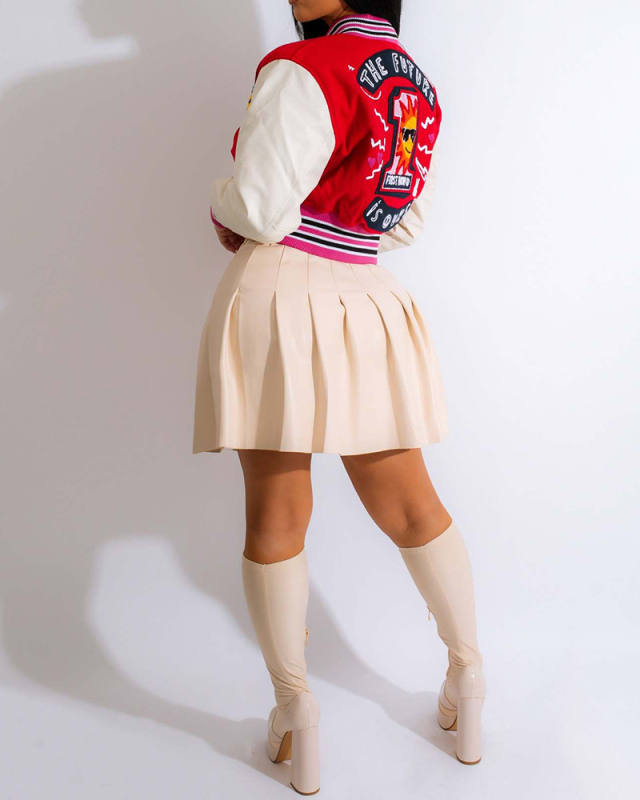 Women Fashion Printed Long Sleeve Baseball Jacket Coats Black Red Blue S-3XL