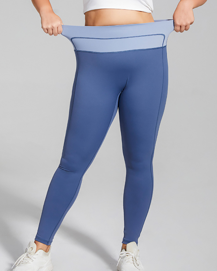 Women Colorblock High Waist Running Plus Size Yoga Legging Deep Blue Light Coffee Light Gray XL-4XL
