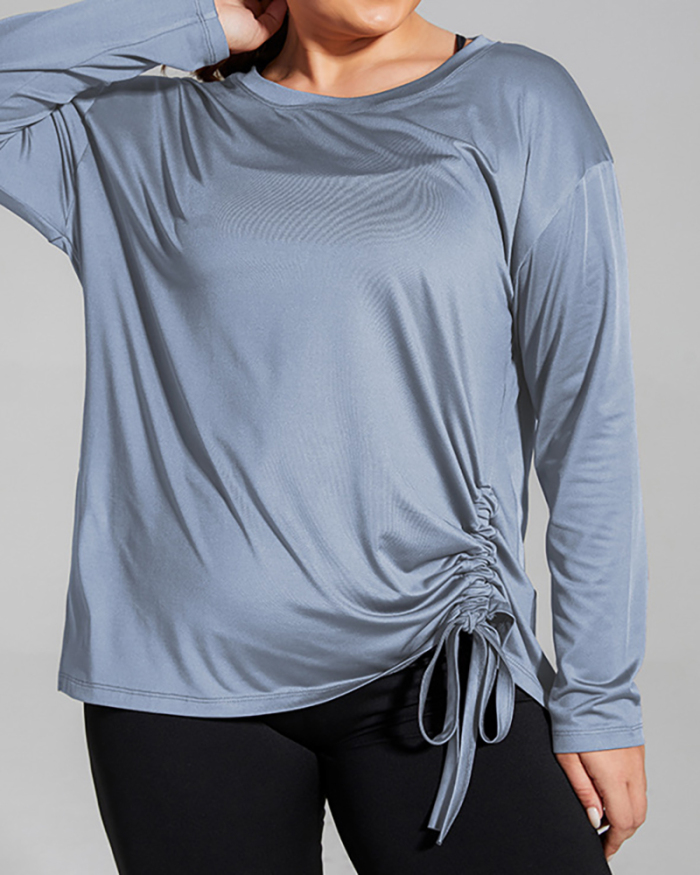 Solid Color Women Long Sleeve Side Drawstring Plus Size Sports Top T-shirt Black Blue Purple Yellow XL-4XL