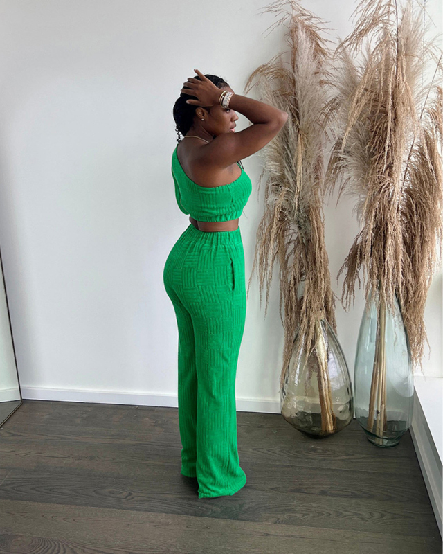 Single Shoulder Women New Fashion Two Piece Pant Set S-XXL