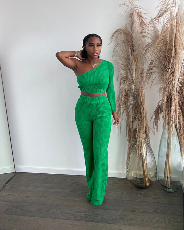 Single Shoulder Women New Fashion Two Piece Pant Set S-XXL
