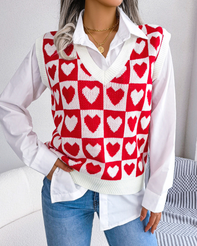 Women Sleeveless Heart Shape Knit Vest Red Pink Blue S-L