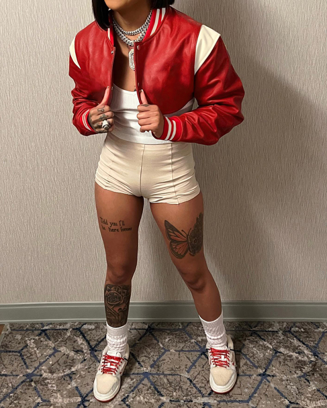 Long Sleeve PU Short Jacket Baseball Jacket