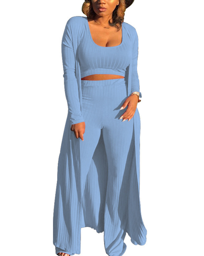 Women Solid Color Knit Long Coat Short Vest Slim Pants Set Plus Size Three Pieces Outfit Multicolor Supply L-4XL