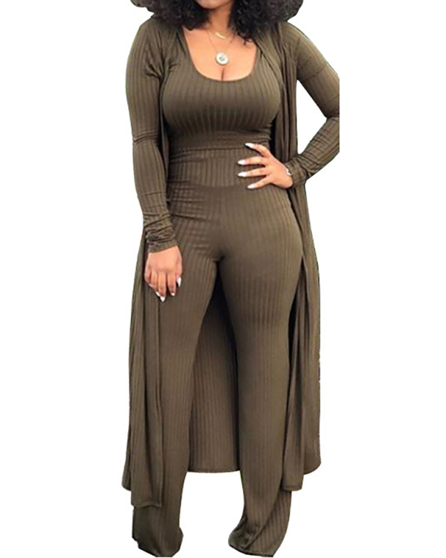 Women Solid Color Knit Long Coat Short Vest Slim Pants Set Plus Size Three Pieces Outfit Multicolor Supply L-4XL