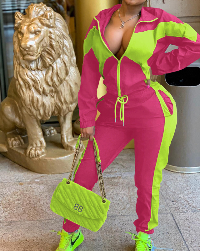 Long Sleeve Wholesale Women Colorblock Two Piece Pant Set