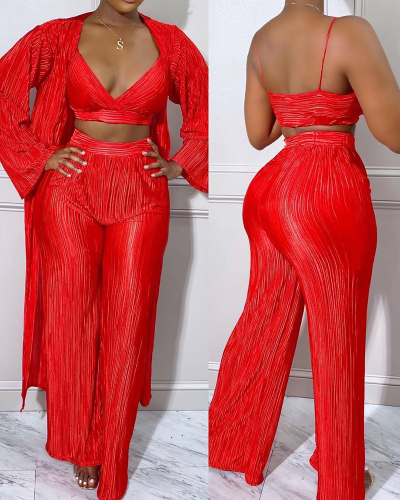 Women Solid Color Long Sleeve Ruched Pants Sets Three Pieces Outfit Black Red Green S-2XL