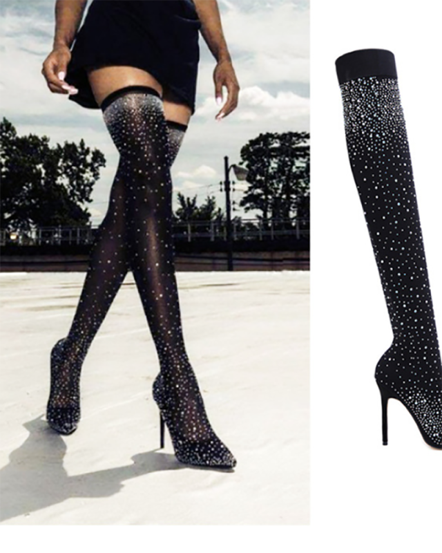Black Diamante Socks Knee High Boots