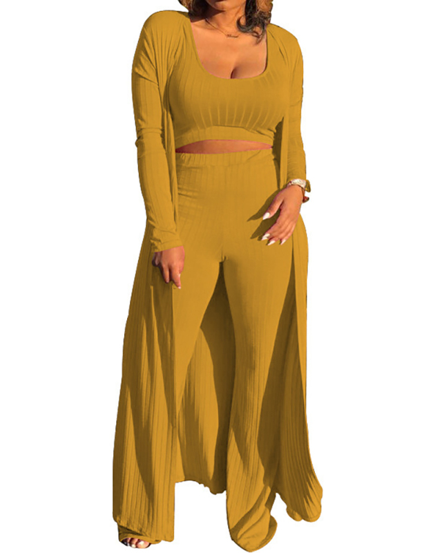 Women Solid Color Knit Long Coat Short Vest Slim Pants Set Plus Size Three Pieces Outfit Multicolor Supply L-4XL