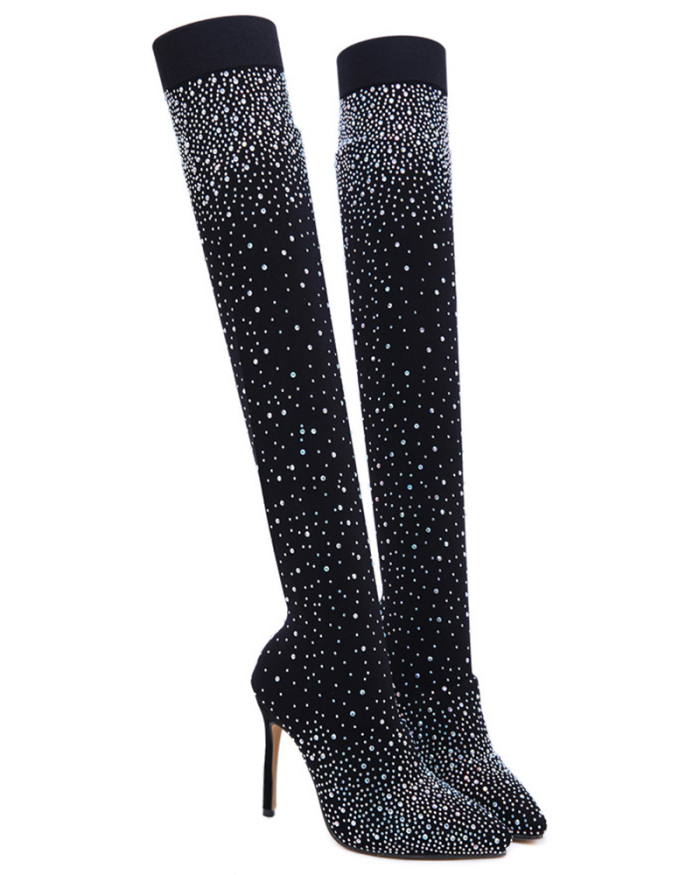 Black Diamante Socks Knee High Boots