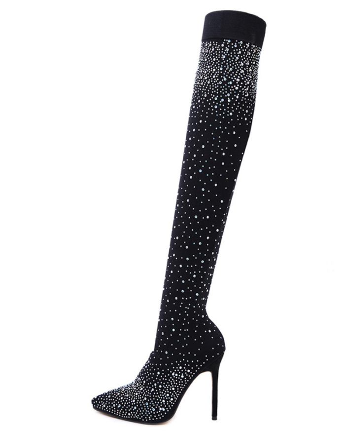 Black Diamante Socks Knee High Boots