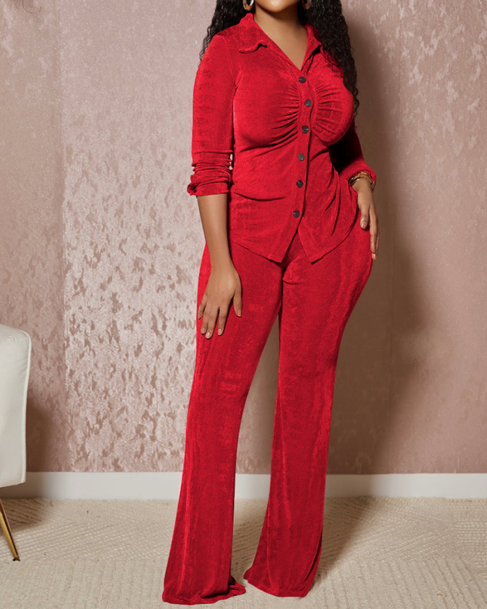 Women Long Sleeve Solid Color Wide Leg Pants Sets Two Pieces Outfit Pink Red Blue Brown S-XL