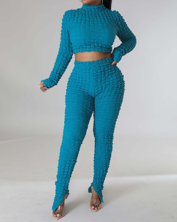Solid Color Women Long Sleeve Pants Sets Two Pieces Outfit Blue Coffee Green S-2XL