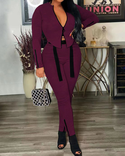 Women Long Sleeve Good Elasticity Solid Color Zipper Goat Pants Sets Two Pieces Outfit